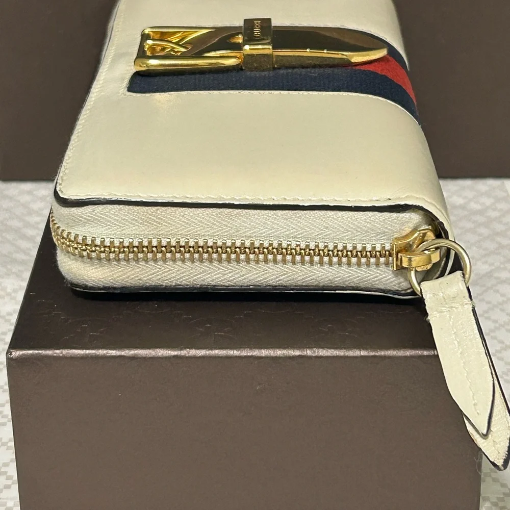 GUCCI Sylvie Web Accent Sherry Line Leather Accordion Zip Around Long Wallet